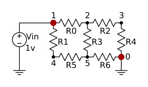 Simple circuit for a 2x3 node resistor grid